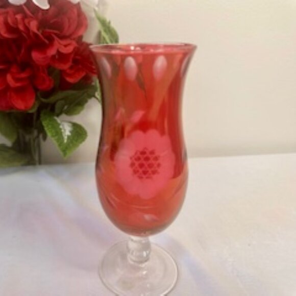 Vintage Cranberry Glass Cornflower-Etched Vase – Elegant Footed Design - Picture 1 of 6